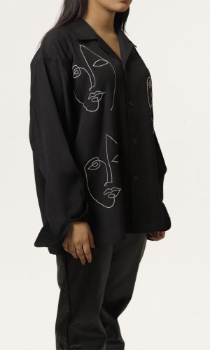 Nuez | Embroidered Cuban Collar Black Shirt