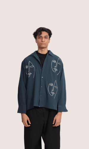 Percy | Embroidered Cuban Collar Teal Shirt