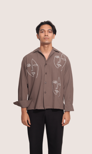 Raith | Embroidered Cuban Collar Brown Shirt