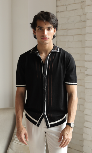 Arden | Black Textured Knit Polo Shirt