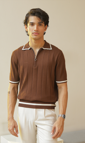 Masami | Coffee Textured Knit Polo Shirt