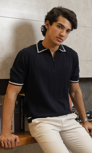 Reverie | Navy Textured Knit Polo Shirt